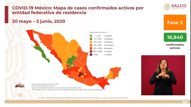 Mapa de casos acumulados activos por entidad federativa en México. (Foto: Captura)