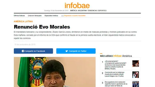 Renuncia de Evo Morales reflejado en los medios internacionales