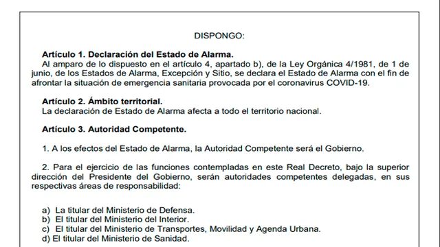 Real Decreto que oficializa el estado de alarma en España. Foto: Captura.