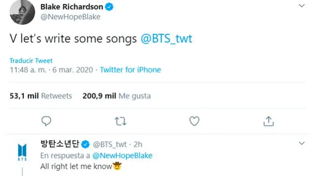 Taehyung y Blake Richardson en Twitter