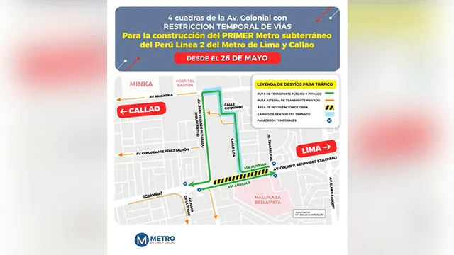Metro de Lima: Cierran un tramo de avenida Colonial por obras de la Línea 2