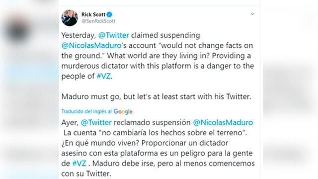 Rick Scott, senador de la Florida considera que tener a Nicolás Maduro en Twitter representa una amenaza. Foto: Captura Twitter.