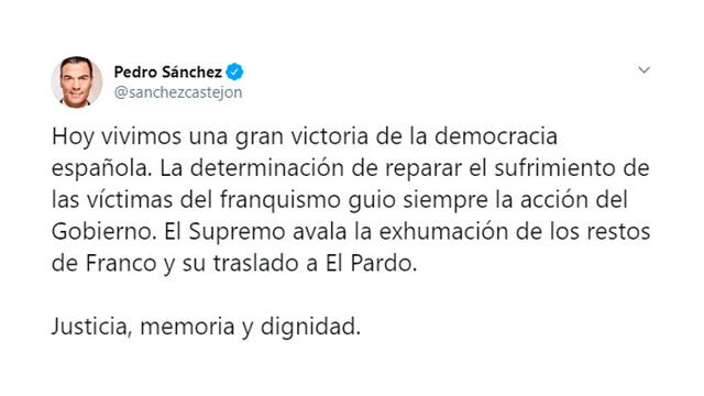Presidente de España se pronunció a través de Twitter sobre la medida del TS de su país. Foto: Twitter