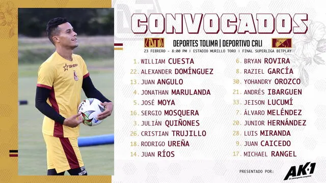 Tolima presenta una lista total de 20 jugadores para enfrentar a Deportivo Cali. Foto: Deportes Tolima twitter