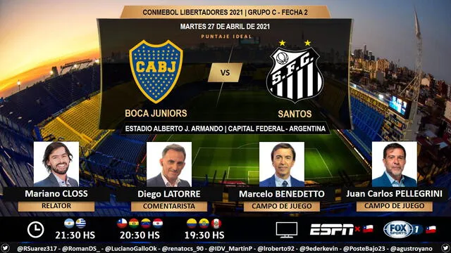 Boca Juniors vs Santos por ESPN. Foto: Puntaje Ideal/Twitter