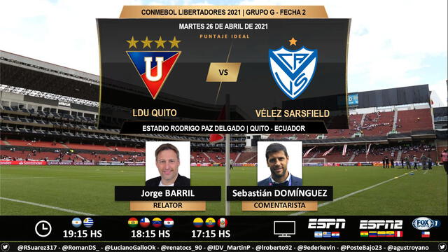 LDU vs Vélez Sarsfield por ESPN 2. Foto: Puntaje Ideal/Twitter