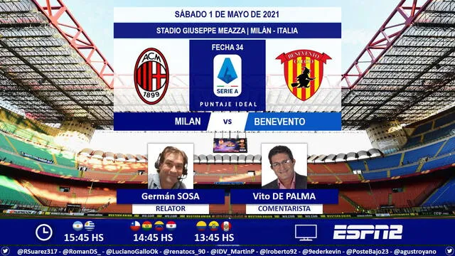 Milan vs Benevento por ESPN. Foto: Puntaje Ideal/Twitter