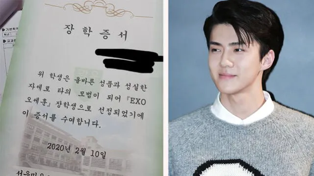 Certificado de beca Oh Sehun entregado a los niños con mejor desempeño.