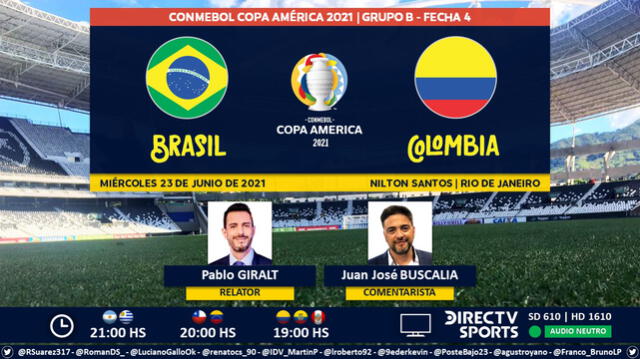 Brasil vs Colombia por DirecTV Sports. Foto: Puntaje Ideal/Twitter