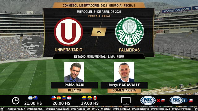 Universitario vs Palmeiras vía Fox Sports. Foto: Puntaje Ideal/Twitter