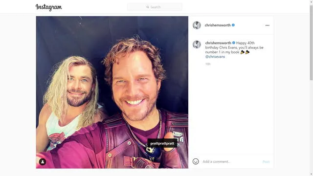 Chris Hemsworth junto a Chris Pratt en el detrás de escenas de Thor: love and thunder. Foto: Instagram/@chrishemsworth