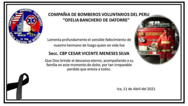 Compañía de bomberos rinde homenaje a César Meneses. Crédito: Compañía Ofelia Banchero de Datorre