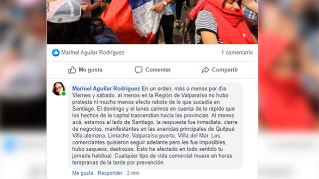 Comentario de ciudadana venezolana residenciada en Valparaíso a través de Facebook. Foto: Captura.
