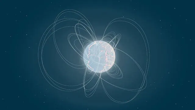 Representación de una estrella de neutrones, astro que posee un poderoso campo magnético. Fuente: NASA.
