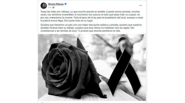 Nicole Pillman sobre tragedia en Los Olivos. Foto: captura Facebook