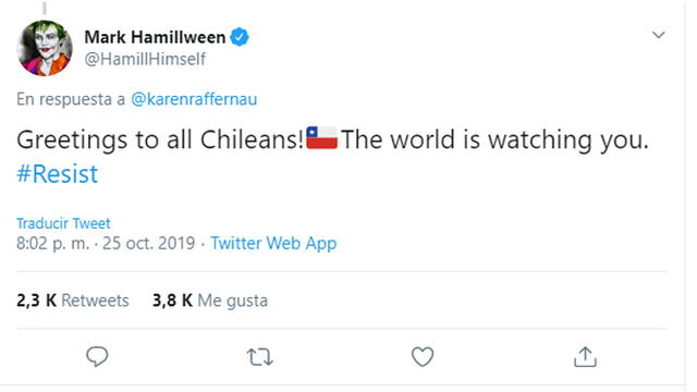 Mark Hamill dio su apoyo a todos los chilenos.