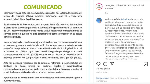 Municipalidad de Santiago de Surco denunció públicamente a la empresa Petramás.