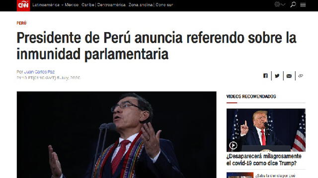 Titular de CNN: Presidente de Perú anuncia referendo sobre la inmunidad parlamentaria. Foto: Captura Web.