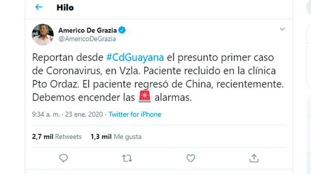 Político venezolano contribuyó a la desinformación, pero después compartió el tweet que lo desmentía.