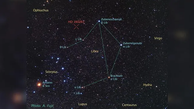 Ubicación de Matusalén (HD 140283), cerca a la constelación Libra. Imagen tomada el 7 de marzo de 2013 por A. Fujii.