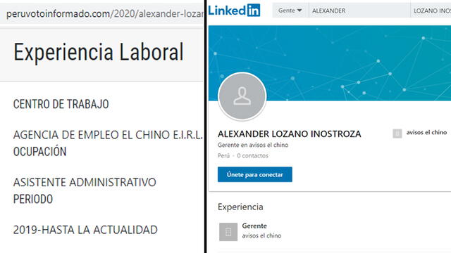 Captura de pantalla de la ficha de Voto Informado de Alexander Lozano Inostroza junto a la de su cuenta de Linkedin.