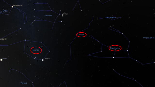 De izquierda a derecha: constelaciones Áuriga, Lince y Coma Berenices. Fuente: Stellarium.