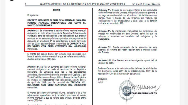 Sueldo mínimo en Venezuela es de 40 000 bolívares.