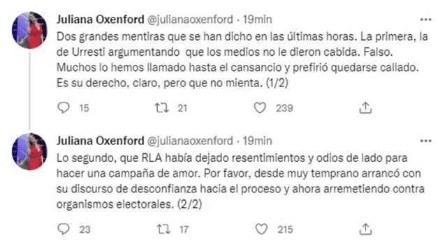 Juliana Oxenford indignada con declaraciones de Urresti y López Aliaga: “Dos grandes mentiras”