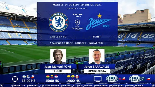 Chelsea vs Zenit vía Fox Sports. Foto: Puntaje Ideal/Twitter