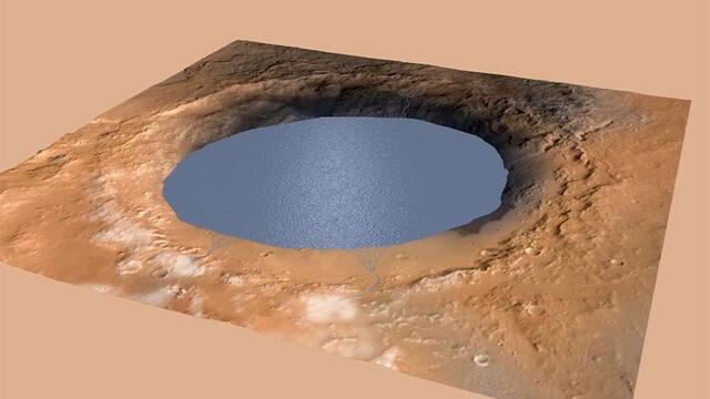 Imagen simulada del lago del cráter gale en Marte. Foto: NASA.