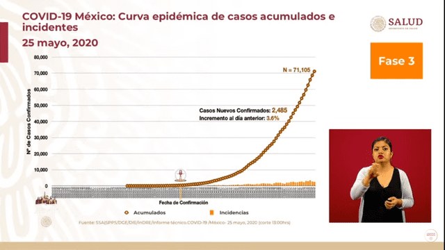 Curva epidémica de casos acumulados e incidentes de coronavirus en México. (Foto: Captura)