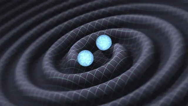 Simulación de dos cuerpos produciendo ondas gravitacionales. Fuente: LIGO.