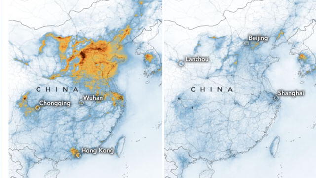 Niveles de contaminación en China en los meses de enero (primera imagen) y febrero (segunda imagen). Foto: NASA.
