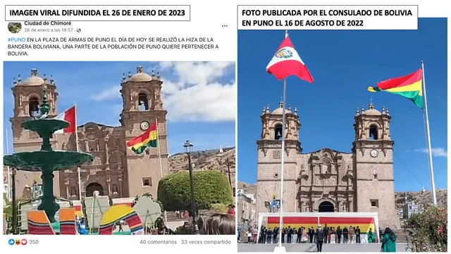 Comparación entre fotografía viral (izquierda) e imagen publicada por el Consulado de Bolivia en Puno (derecha). Foto: composición LR/Facebook.   