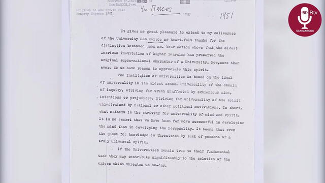 Parte de la carta que escribió Einstein a San Marcos. Foto: RTv San Marcos   
