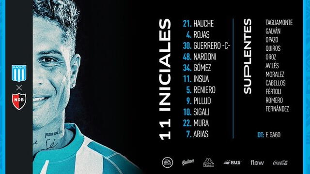 Oncena titular de Racing para enfrentar a Newell's Old Boys. Foto: Racing   