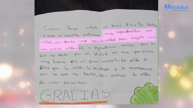 Carta de una las beneficiadas con la donación de órganos de Macarena. Foto: Essalud/YouTube   