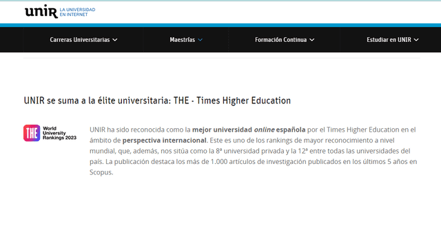 Times Higher Education reconoce UNIR como la mejor universidad online española. Foto: captua de pantalla   