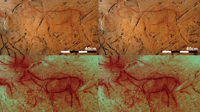  En la parte inferior, dos imágenes recién descubiertas en la cueva de La Pasiega con la nueva técnica. Foto: Antiquity (2023)   