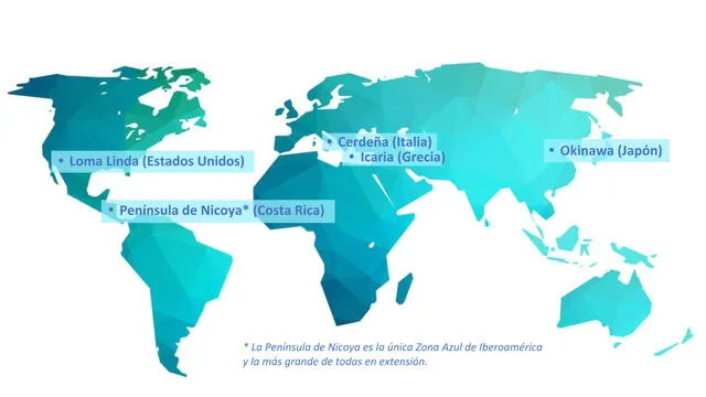 Estas son las 'zonas azules' en todo el mundo. Foto: UNIVERSIDADES AZULES   