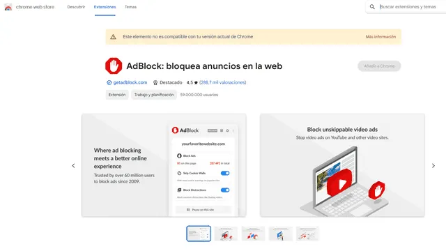  Bloqueadores son incompatibles con Google Chrome. Foto: Chrome Web Store   