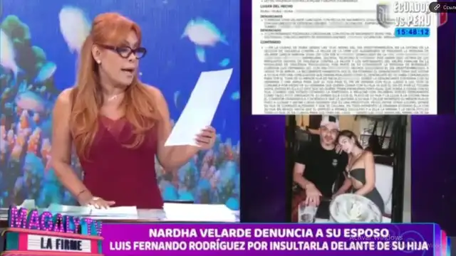 Magaly Medina leyó la denuncia que Nardha Velarde le puso a Luis Fernando Rodríguez. Foto: ATV. Magaly Medina leyó la denuncia que Nardha Velarde le puso a Luis Fernando Rodríguez. Foto: ATV.