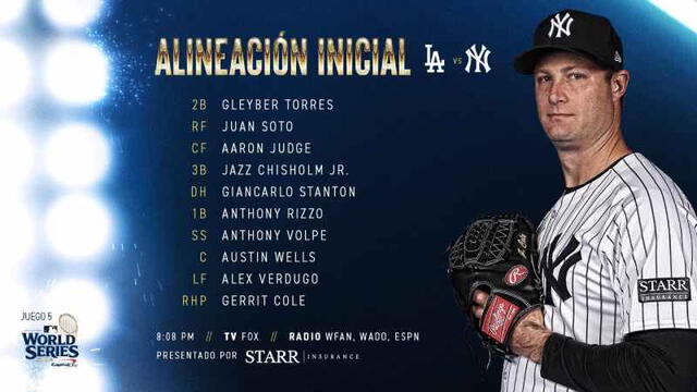  Lineup de Yankees 30 de octubre 2024. Foto: X/Yankees Beisbol 