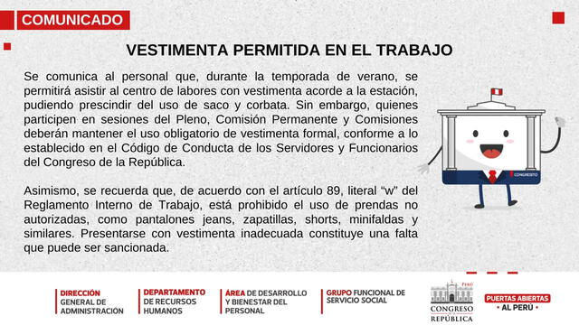  Reglamento del Congreso sobre la vestimenta de trabajo.   