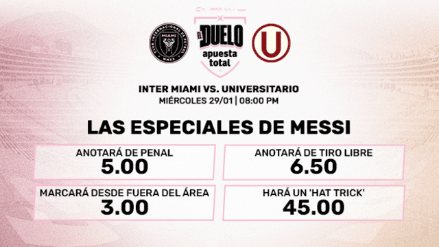  Cuotas especiales del partido entre Inter Miami vs. Universitario. Foto: Apuesta Total   