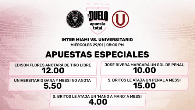  Cuotas especiales del partido entre Inter Miami vs. Universitario. Foto: Apuesta Total   