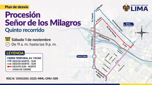 Mapa de desvío por procesión del Señor de los Milagros. Foto: Difusión. Mapa de desvío por procesión del Señor de los Milagros. Foto: Difusión.