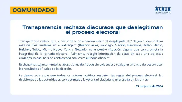 Comunicado de Transparencia luego de las declaraciones de Roberto Sánchez Comunicado de Transparencia luego de las declaraciones de Roberto Sánchez