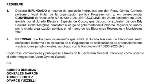 Resolución del Jurado Nacional de Elecciones (JNE) que declaró infundada la apelación de Progresemos y confirmó la exclusión de su candidato Edy Cuellar.  