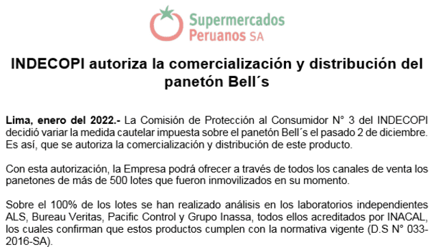 Comunicado Supermercados Peruanos. Foto: captura